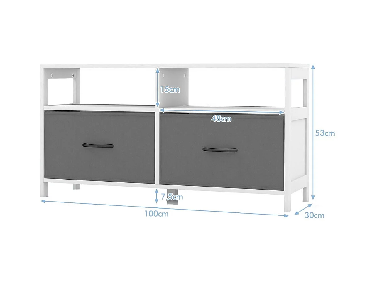 Cassettiera in tessuto con 2 cassetti e 2 ripiani aperti, Unità organizzatrice di stoccaggio per la casa Bianco
