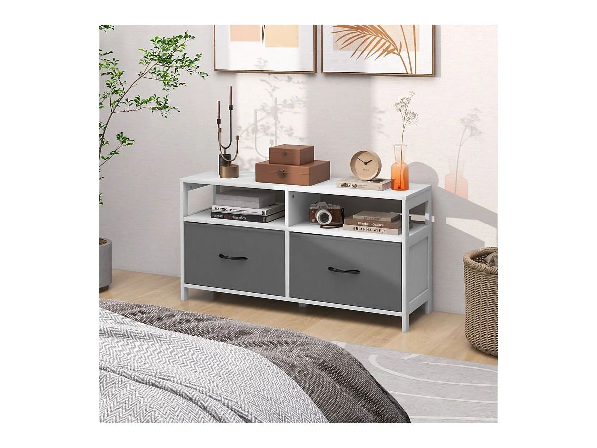 Cassettiera in tessuto con 2 cassetti e 2 ripiani aperti, Unità organizzatrice di stoccaggio per la casa Bianco