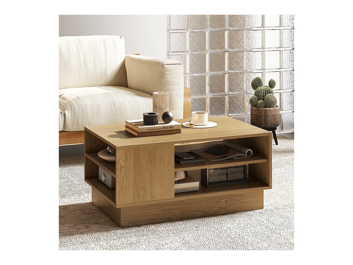 Tavolo centrale rettangolare con 2 ripiani di stoccaggio aperti, Tavolino da caffè moderno Naturale