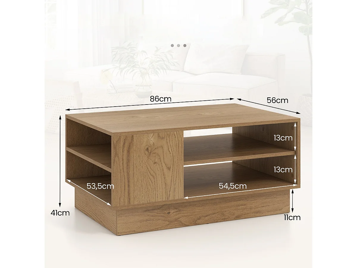 Table Basse Multifonctionnelle Style Moderne Tabled'Appoint Rectangulaire avec 2 Étagères de Rangement Ouvertes 86 x 56 x 41cm Naturel