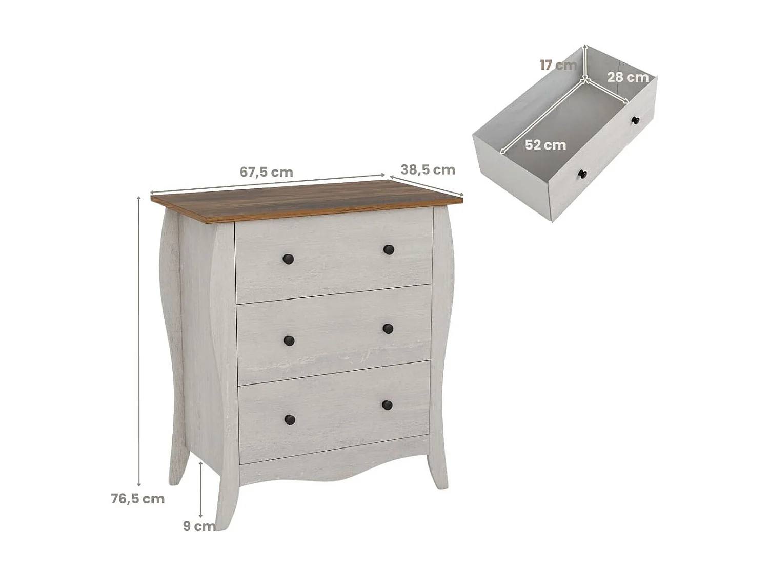 Kommode mit 3 Klappbaren Stoffschubladen Sideboard im Landhausstil Schubladenschrank Grau