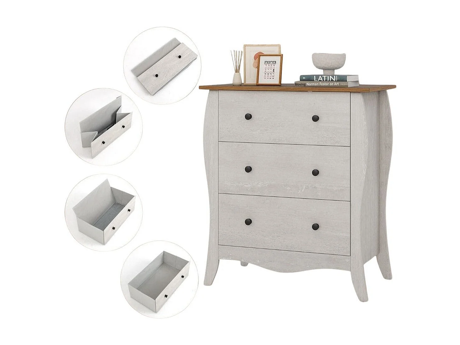 Kommode mit 3 Klappbaren Stoffschubladen Sideboard im Landhausstil Schubladenschrank Grau