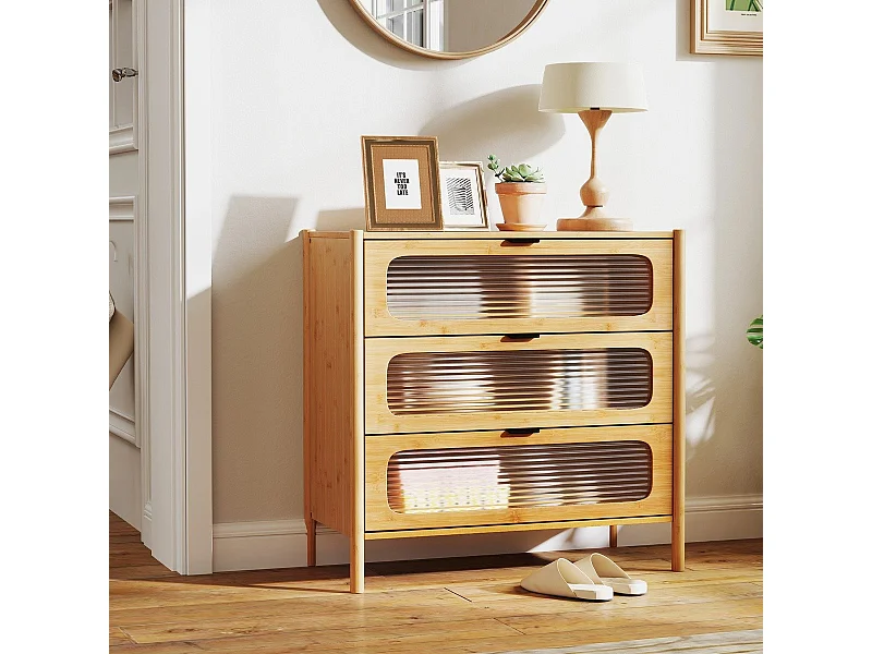 Cassettiera a 3 cassetti con maniglie in stile metà secolo, Cassettiera con vetro temperato pannellato Naturale