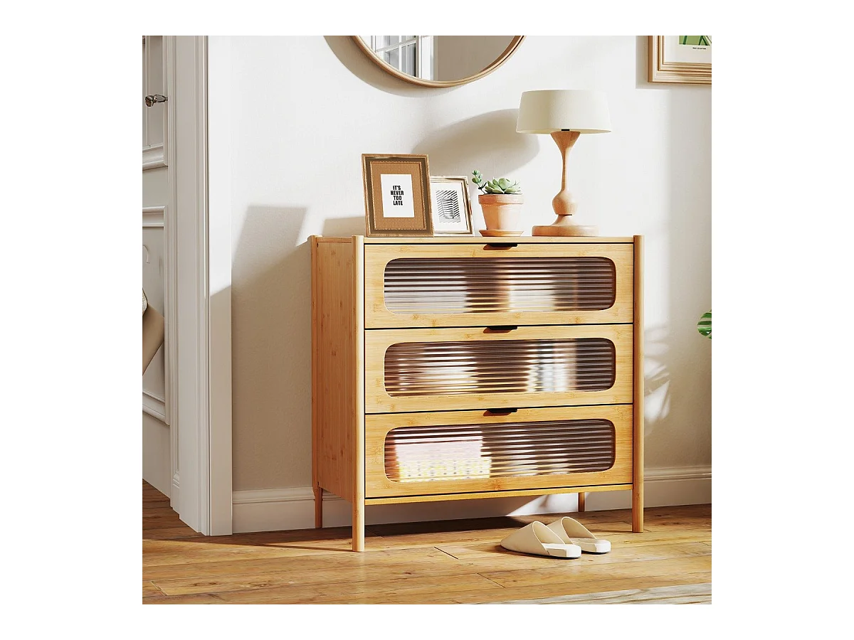 Cassettiera a 3 cassetti con maniglie in stile metà secolo, Cassettiera con vetro temperato pannellato Naturale