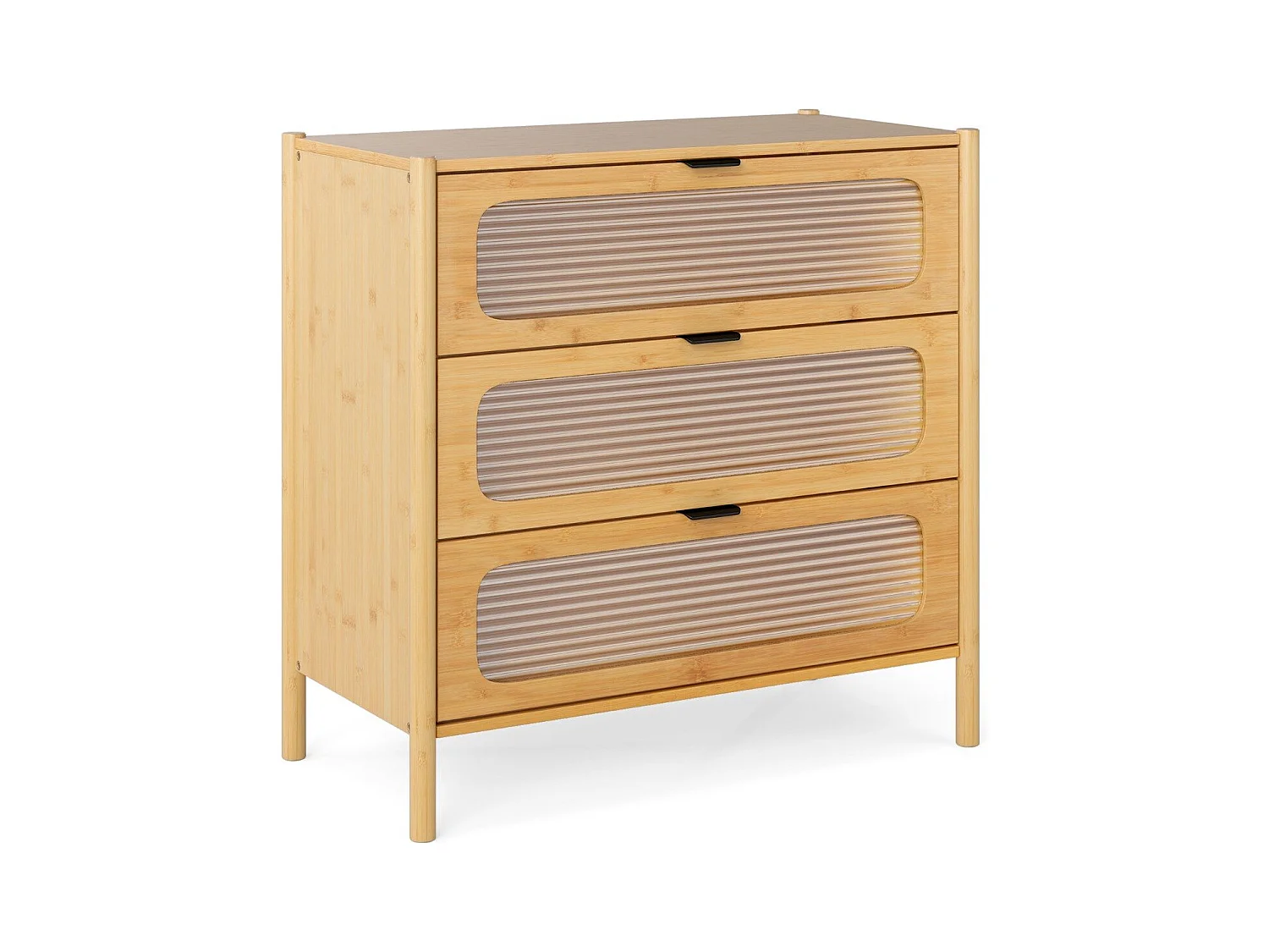 Cassettiera a 3 cassetti con maniglie in stile metà secolo, Cassettiera con vetro temperato pannellato Naturale