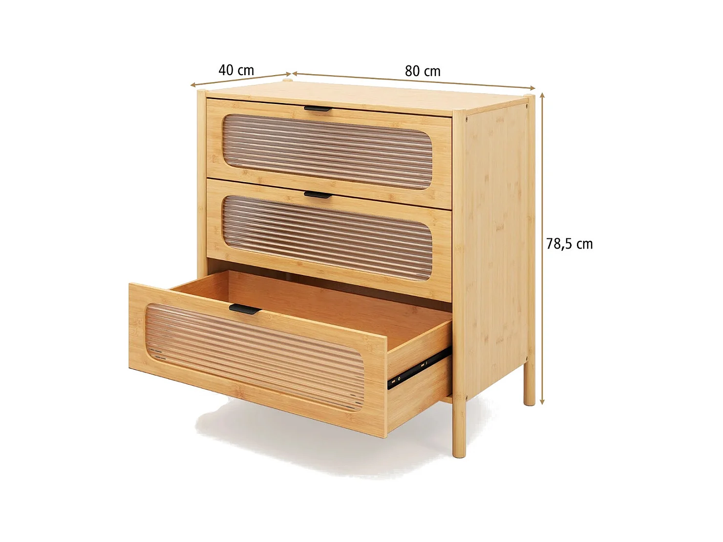 Cassettiera a 3 cassetti con maniglie in stile metà secolo, Cassettiera con vetro temperato pannellato Naturale