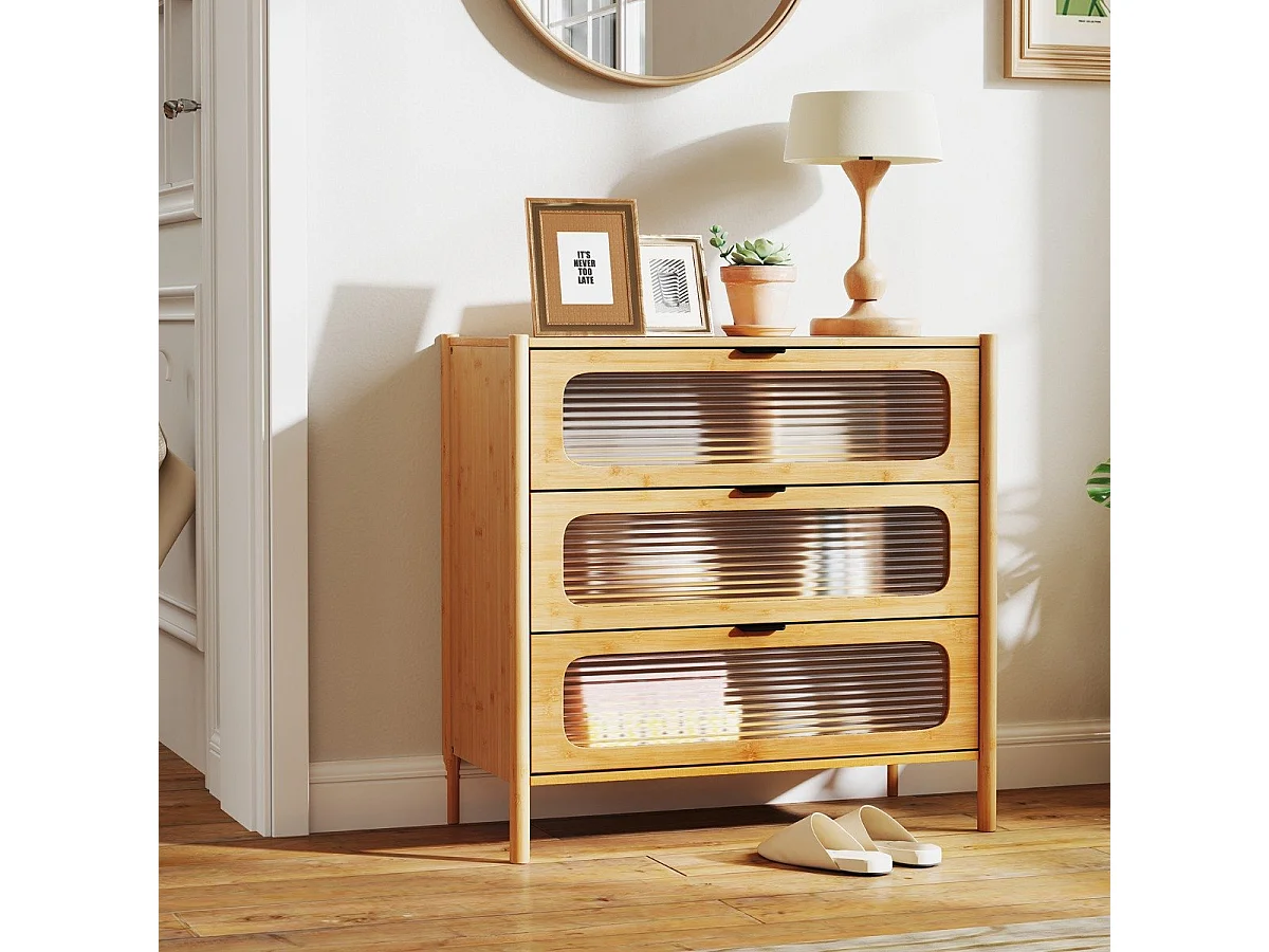 Cassettiera a 3 cassetti con maniglie in stile metà secolo, Cassettiera con vetro temperato pannellato Naturale