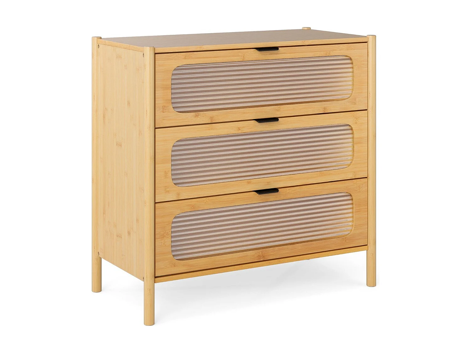 Cassettiera a 3 cassetti con maniglie in stile metà secolo, Cassettiera con vetro temperato pannellato Naturale