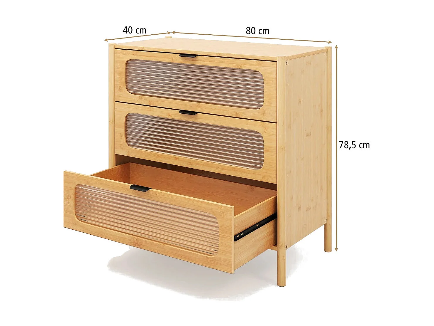 Cassettiera a 3 cassetti con maniglie in stile metà secolo, Cassettiera con vetro temperato pannellato Naturale