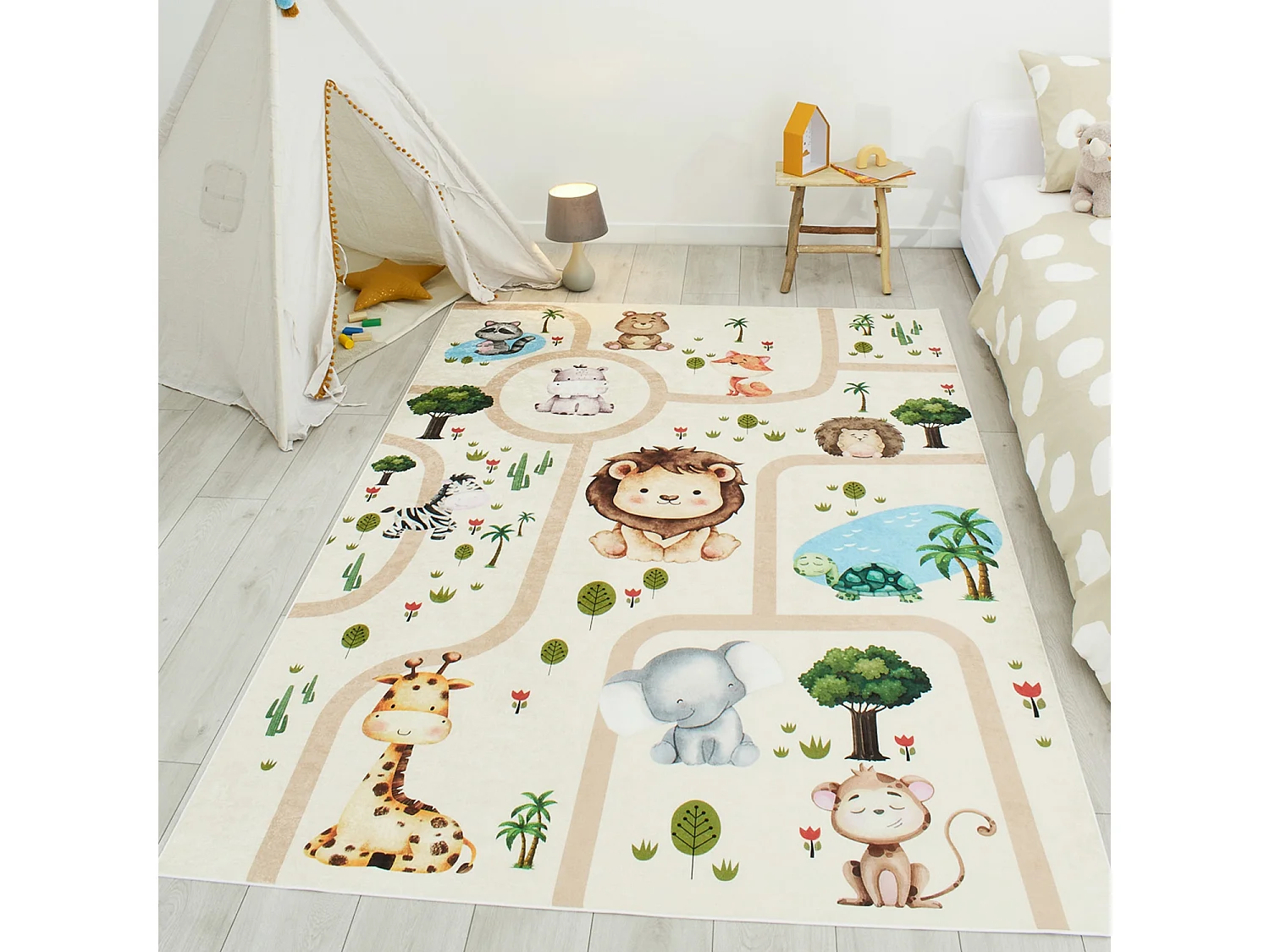 Tapis intérieur enfant blanc imprimé animaux 120 x 160 cm - Marti