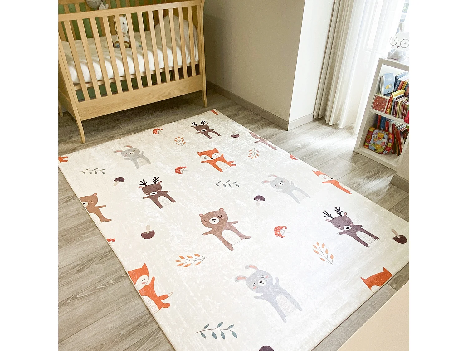 Tapis intérieur enfant blanc imprimé animaux thème automnal 160 x 230 cm - Ravon