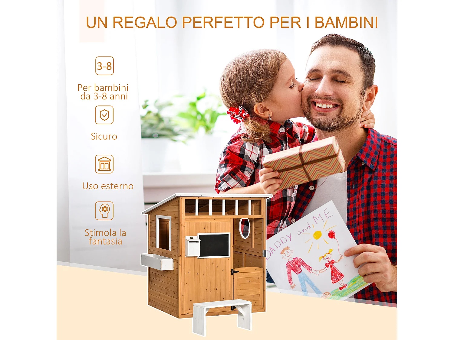 Casetta in legno per bambini con porta e finestre gialla