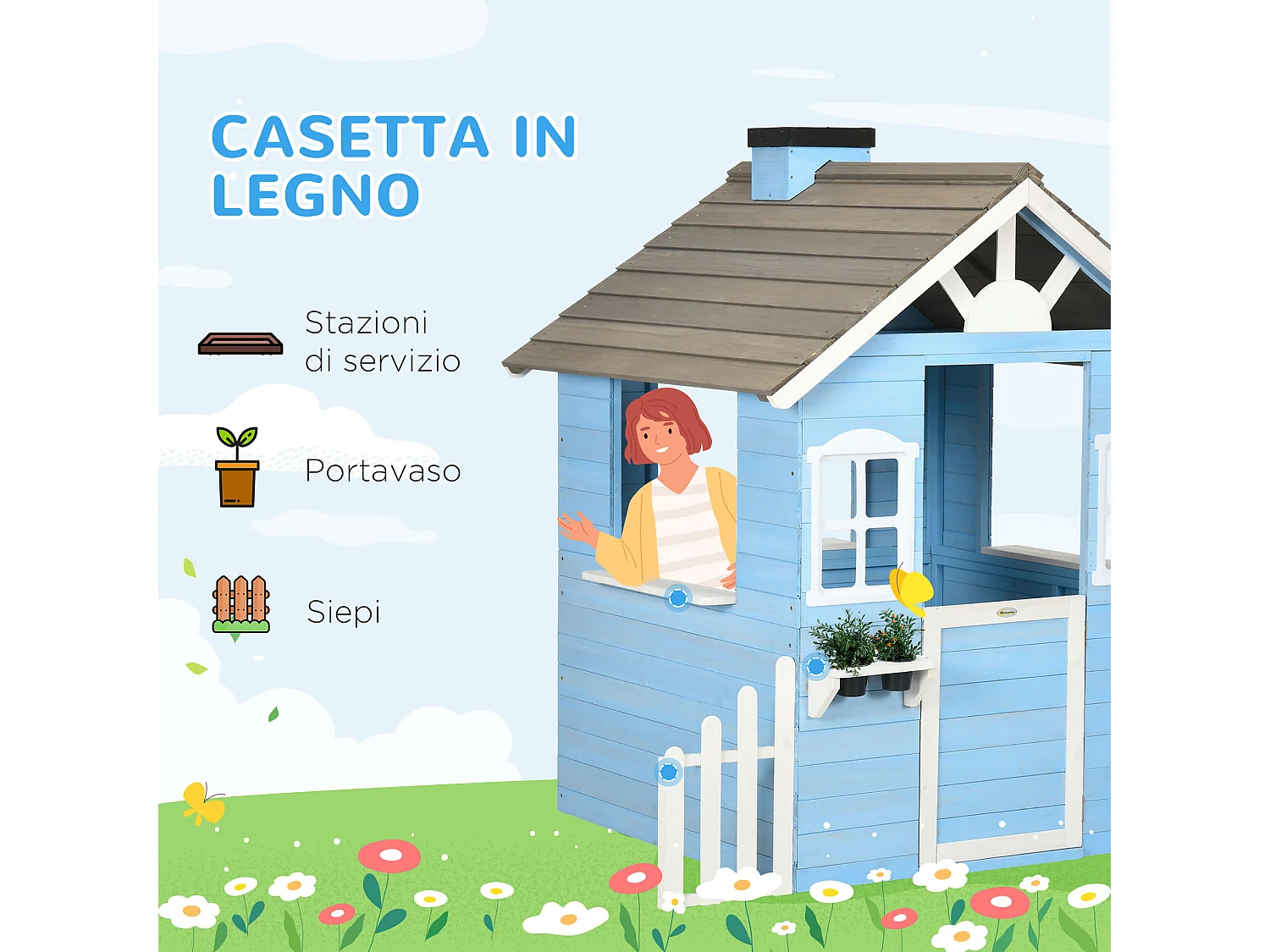 Casetta per bambini 3-7 anni in legno di abete per uso esterno blu
