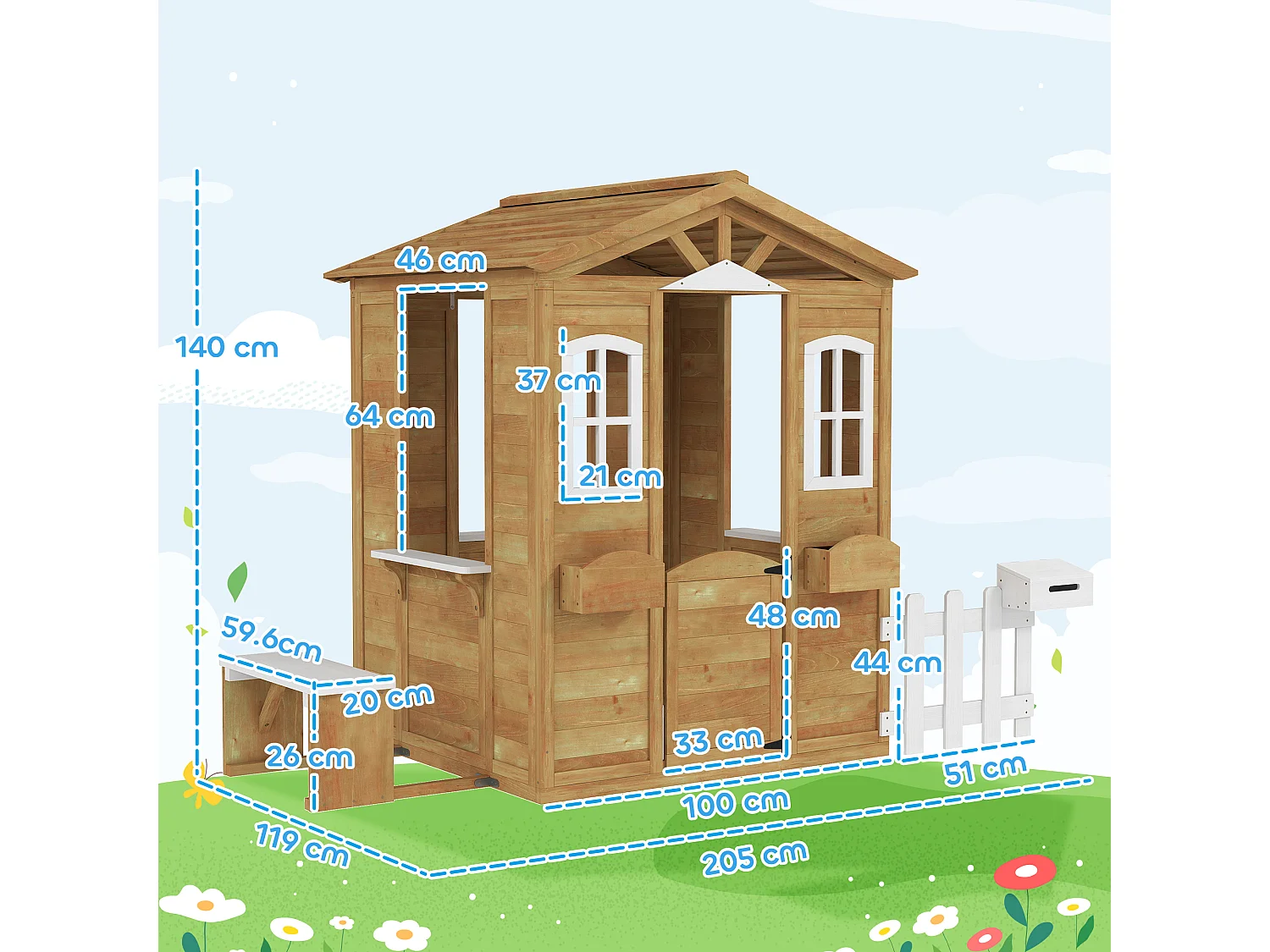 Casetta per bambini con staccionata e finestre in legno