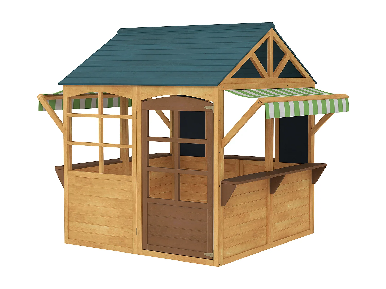 Casetta per bambini 3-8 anni con 5 finestre e 2 lavagne marrone e blu
