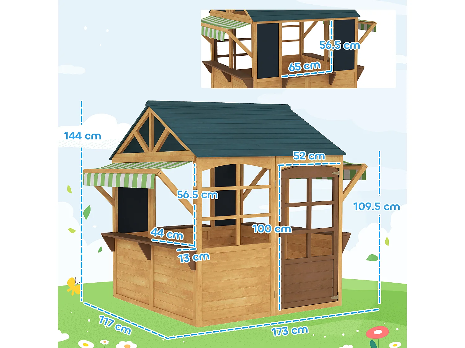 Casetta per bambini 3-8 anni con 5 finestre e 2 lavagne marrone e blu