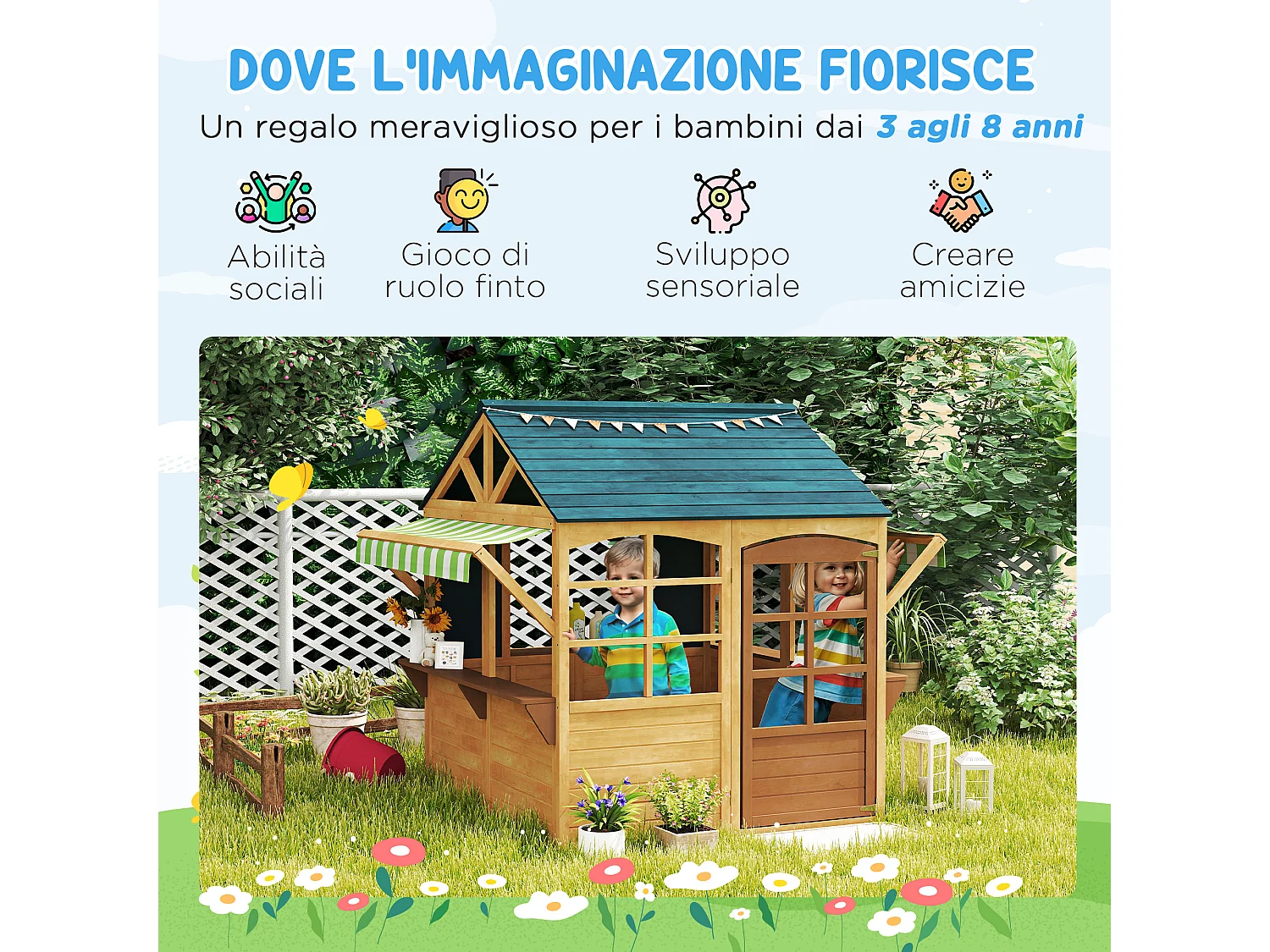 Casetta per bambini 3-8 anni con 5 finestre e 2 lavagne marrone e blu