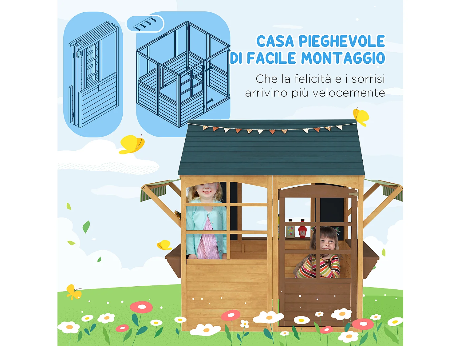 Casetta per bambini 3-8 anni con 5 finestre e 2 lavagne marrone e blu