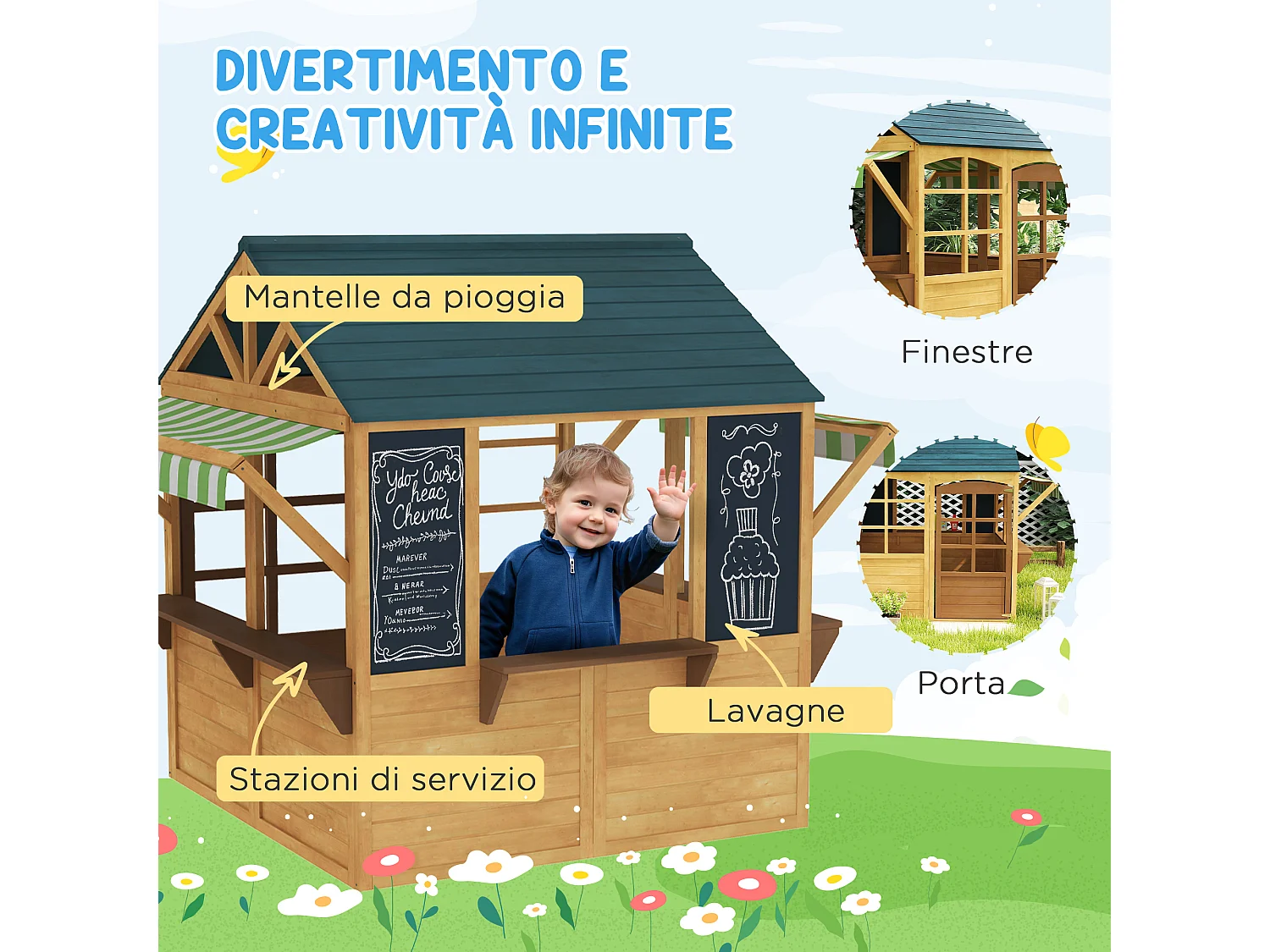 Casetta per bambini 3-8 anni con 5 finestre e 2 lavagne marrone e blu
