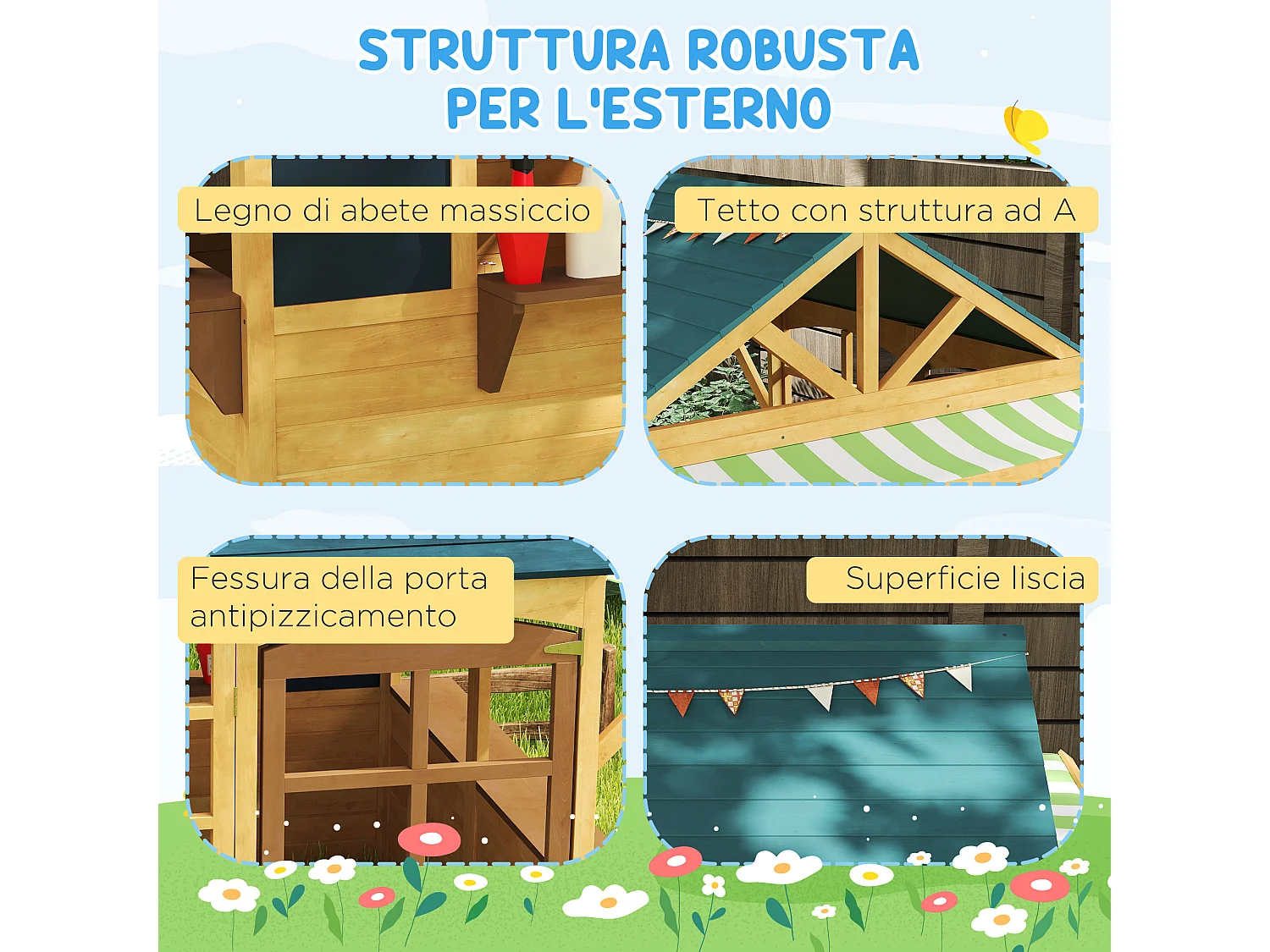 Casetta per bambini 3-8 anni con 5 finestre e 2 lavagne marrone e blu