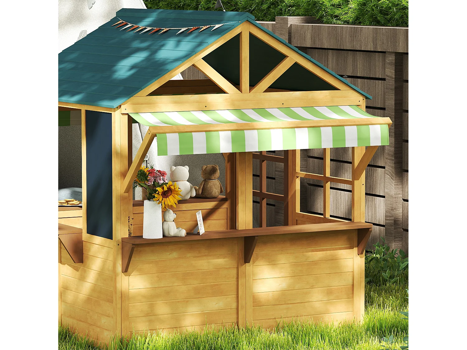 Casetta per bambini 3-8 anni con 5 finestre e 2 lavagne marrone e blu