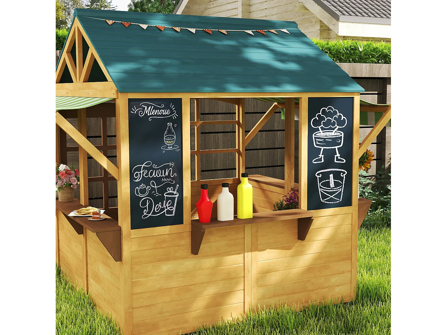 Casetta per bambini 3-8 anni con 5 finestre e 2 lavagne marrone e blu