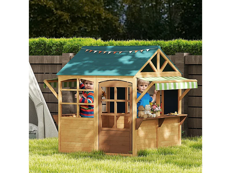 Casetta per bambini 3-8 anni con 5 finestre e 2 lavagne marrone e blu