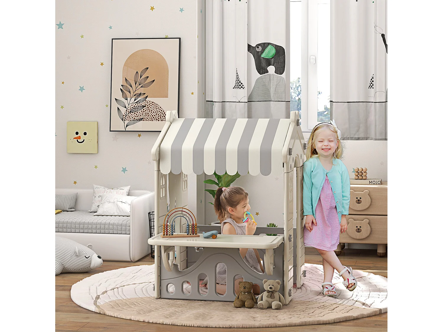 Casetta per bambini da 1-6 anni da interno con porte e finestre crema