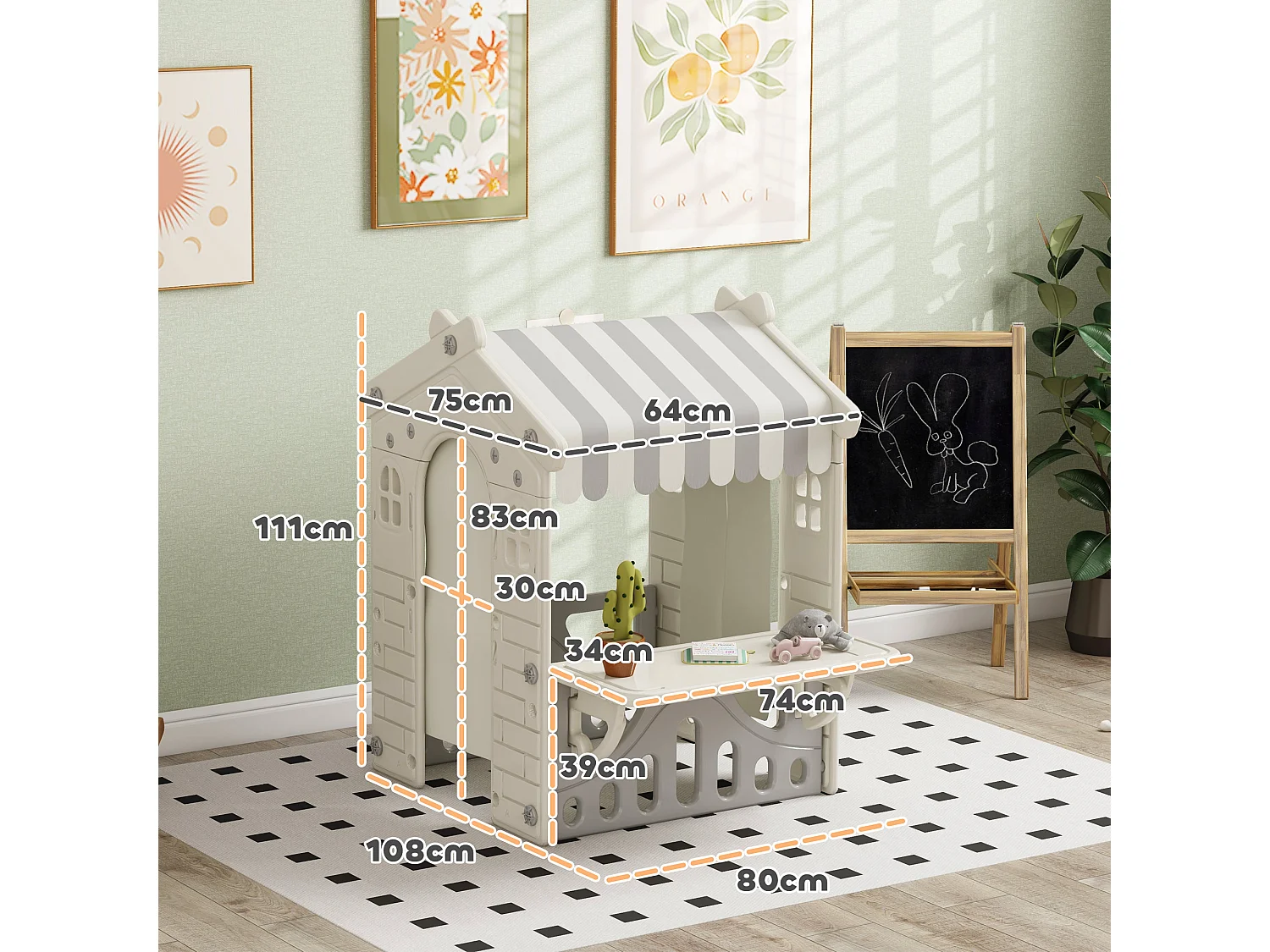 Casetta per bambini da 1-6 anni da interno con porte e finestre crema