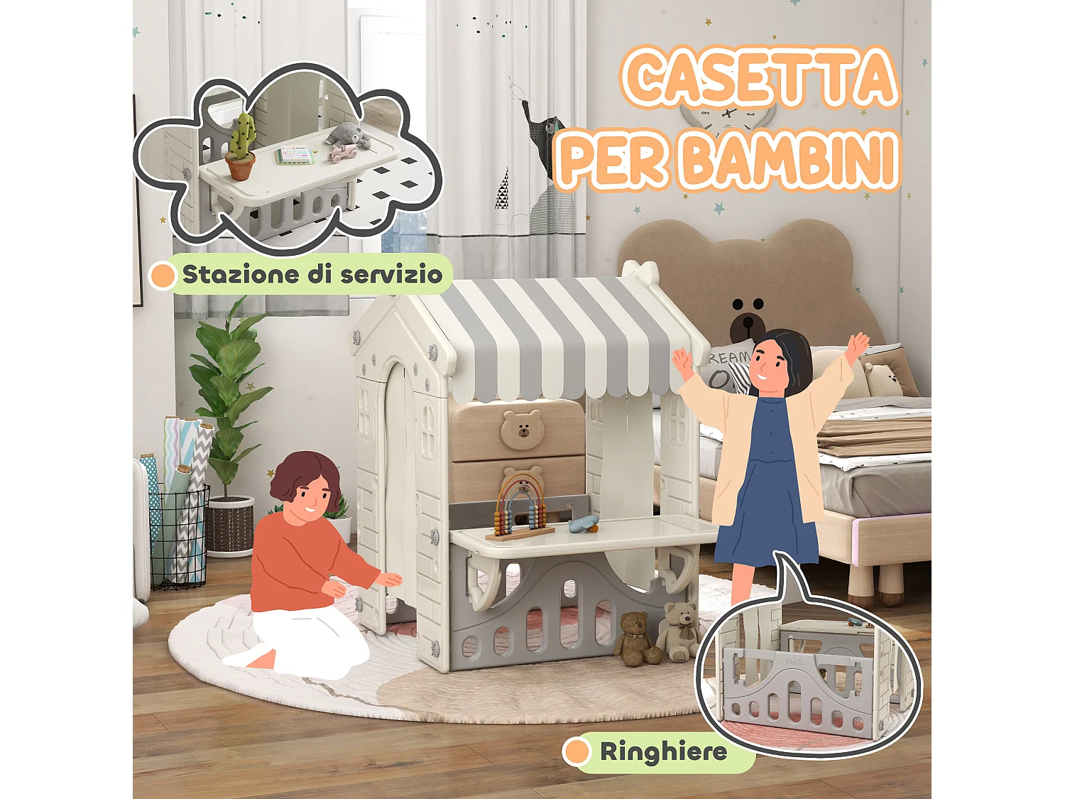 Casetta per bambini da 1-6 anni da interno con porte e finestre crema