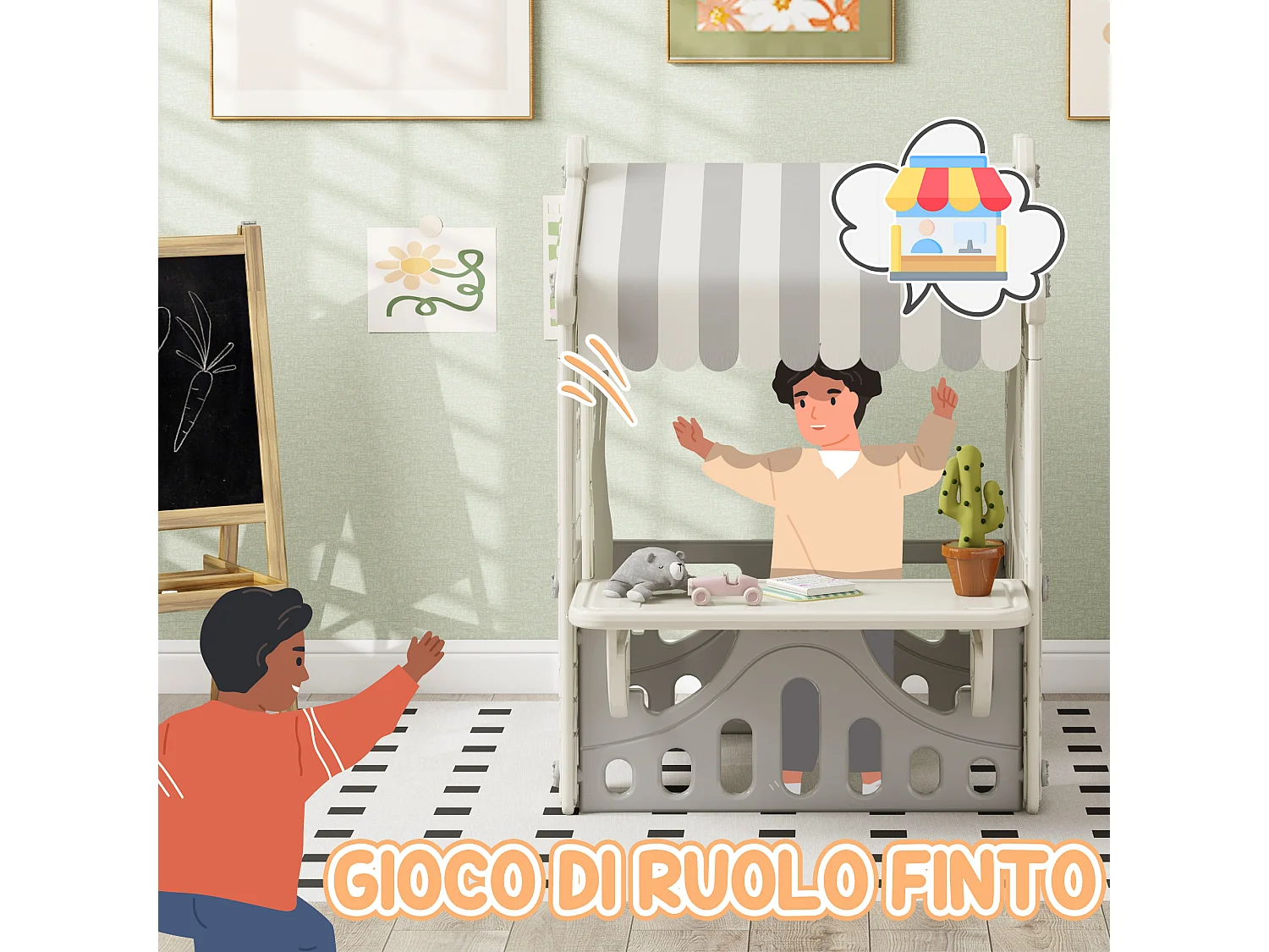 Casetta per bambini da 1-6 anni da interno con porte e finestre crema