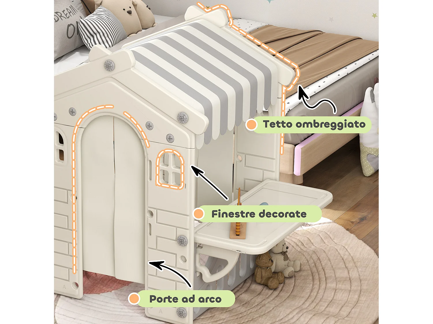 Casetta per bambini da 1-6 anni da interno con porte e finestre crema