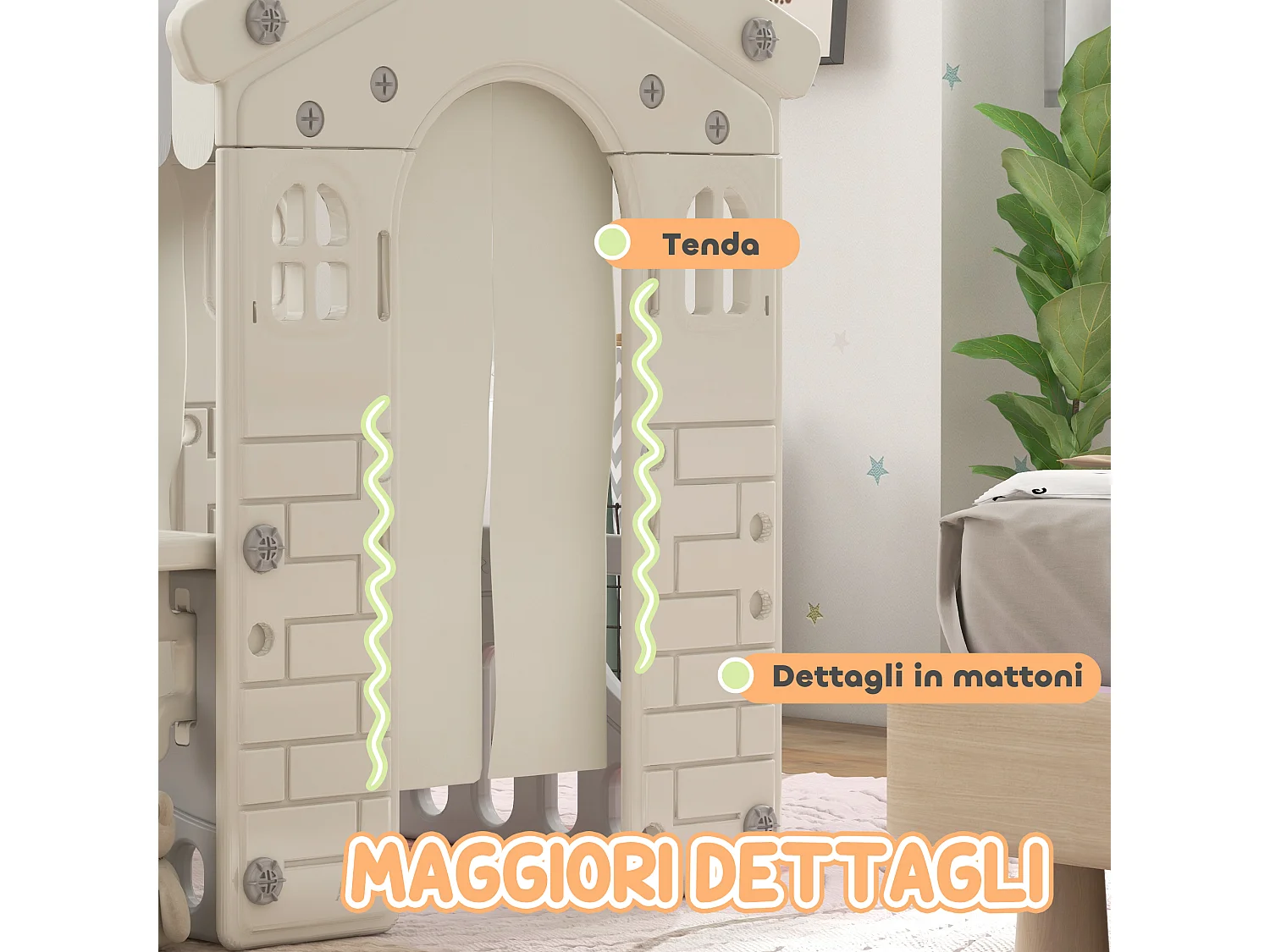 Casetta per bambini da 1-6 anni da interno con porte e finestre crema