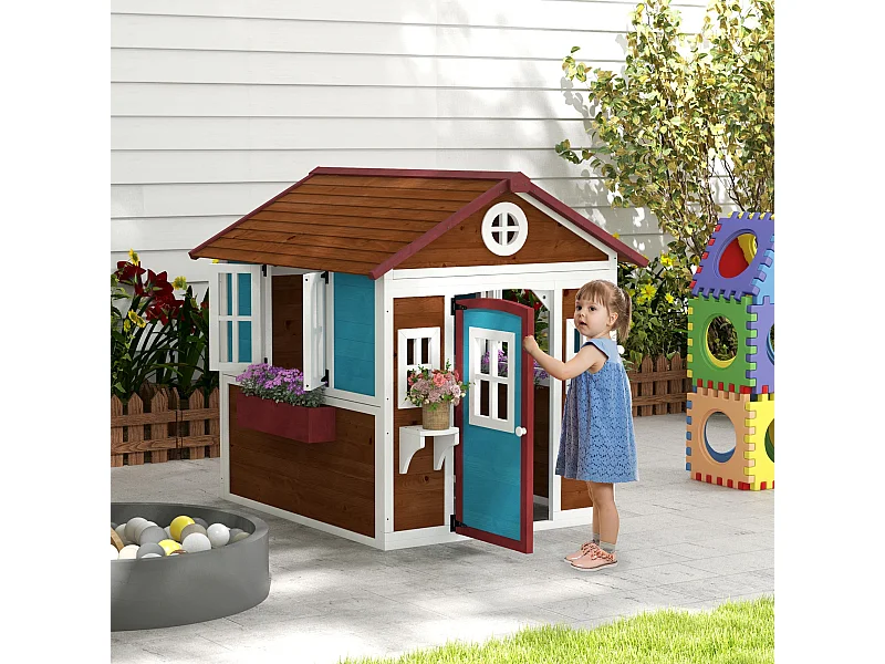 Casetta per bambini 3-8 anni con tetto inclinabile in legno di abete