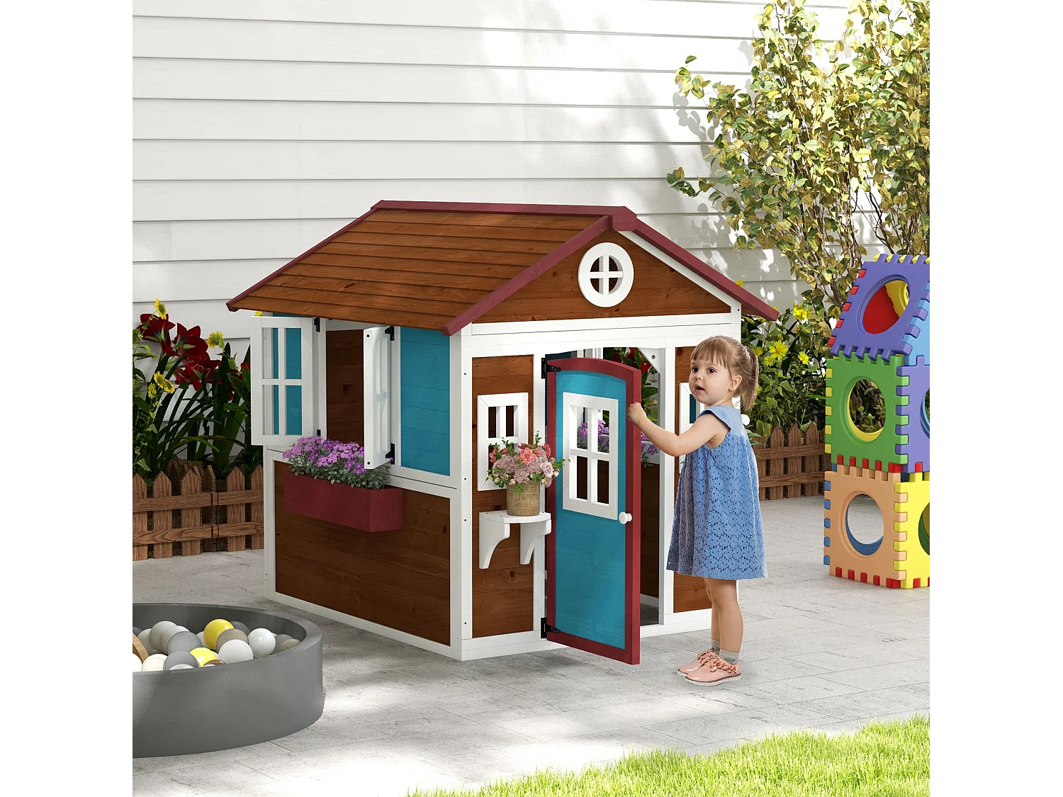 Casetta per bambini 3-8 anni con tetto inclinabile in legno di abete