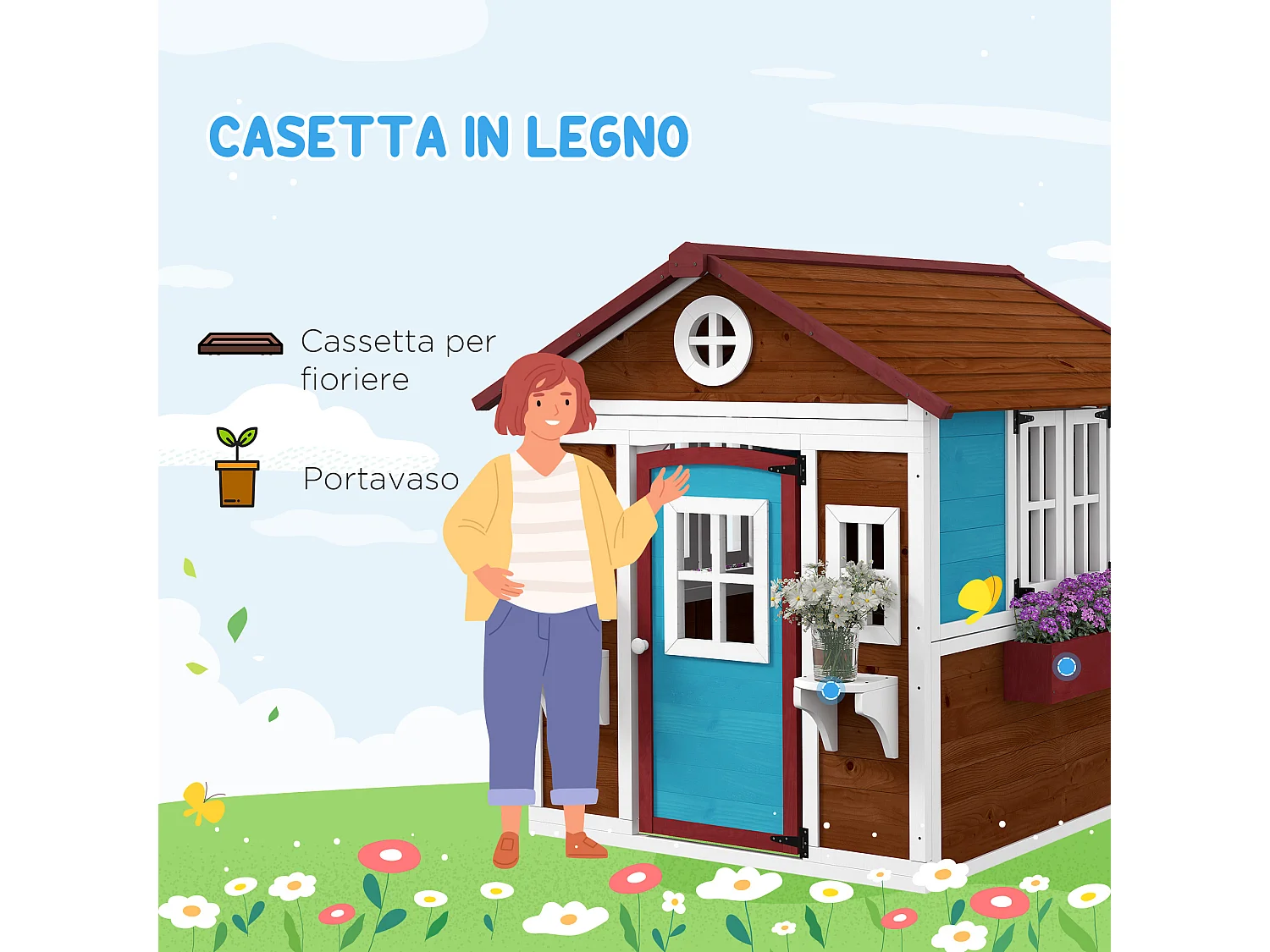 Casetta per bambini 3-8 anni con tetto inclinabile in legno di abete