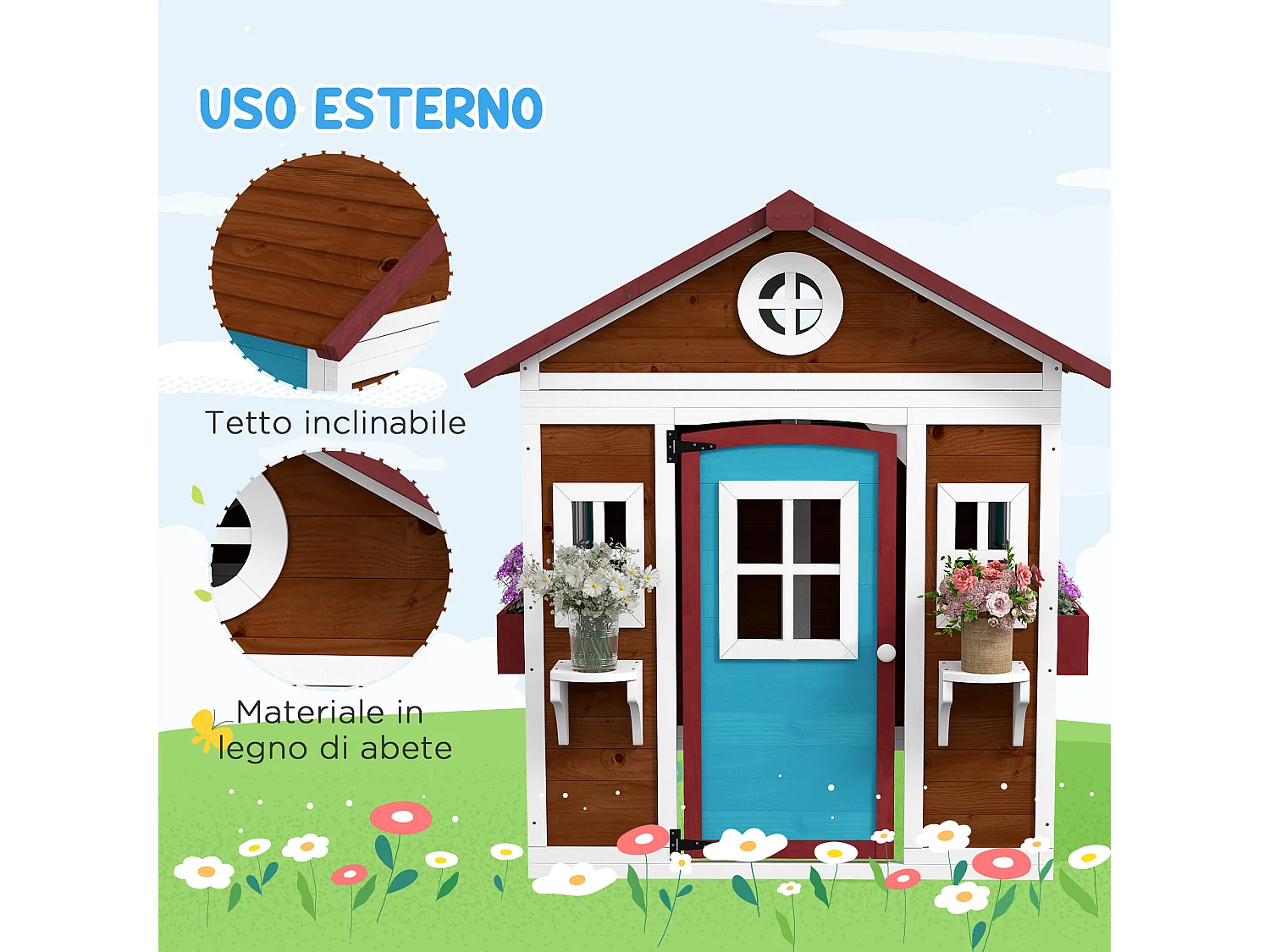 Casetta per bambini 3-8 anni con tetto inclinabile in legno di abete