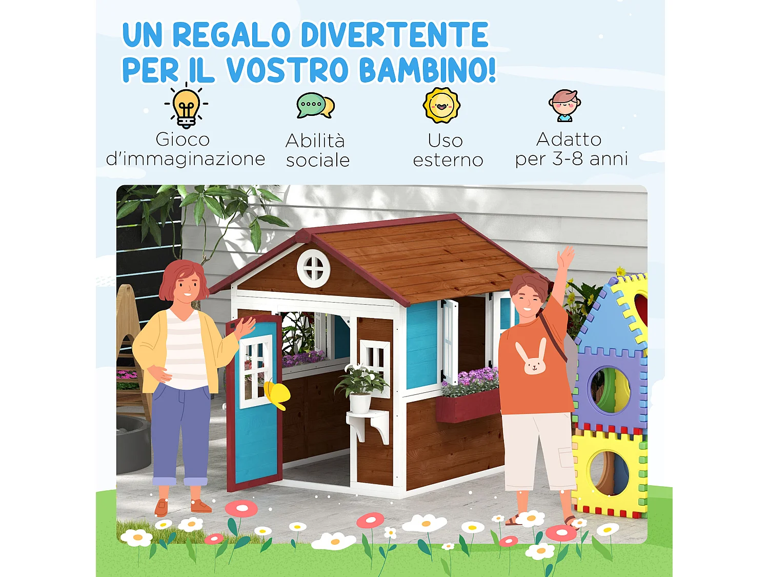 Casetta per bambini 3-8 anni con tetto inclinabile in legno di abete