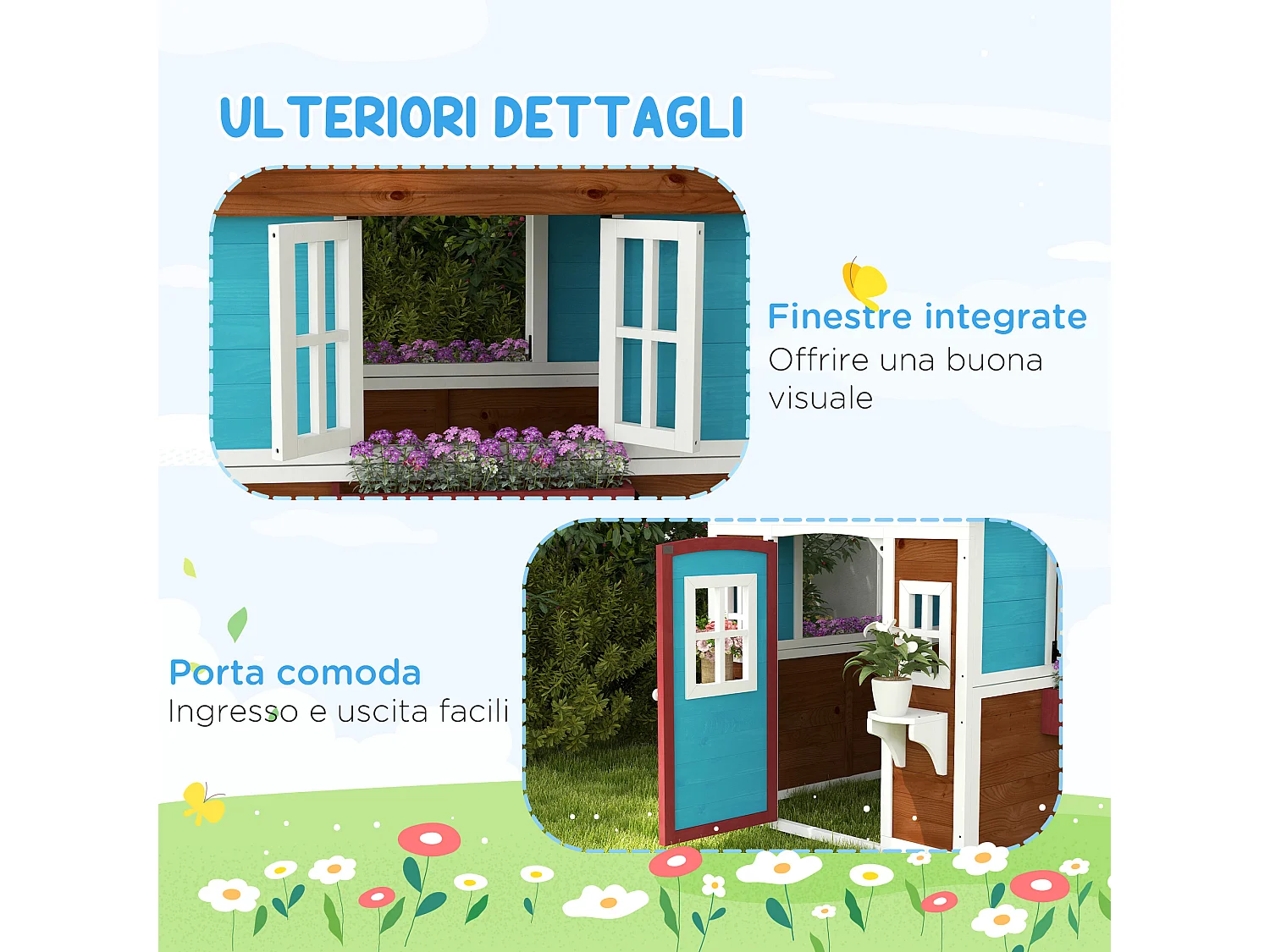 Casetta per bambini 3-8 anni con tetto inclinabile in legno di abete