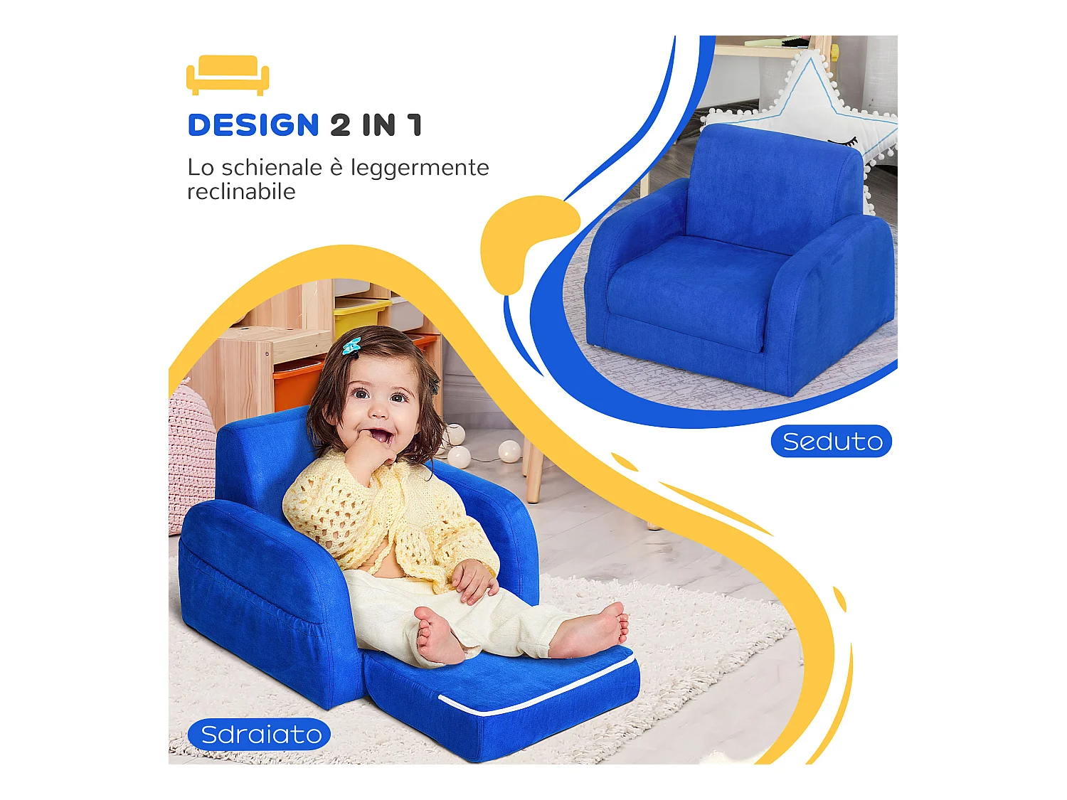 Poltroncina letto 2 in 1 per cameretta bambini 47x45x38cm blu