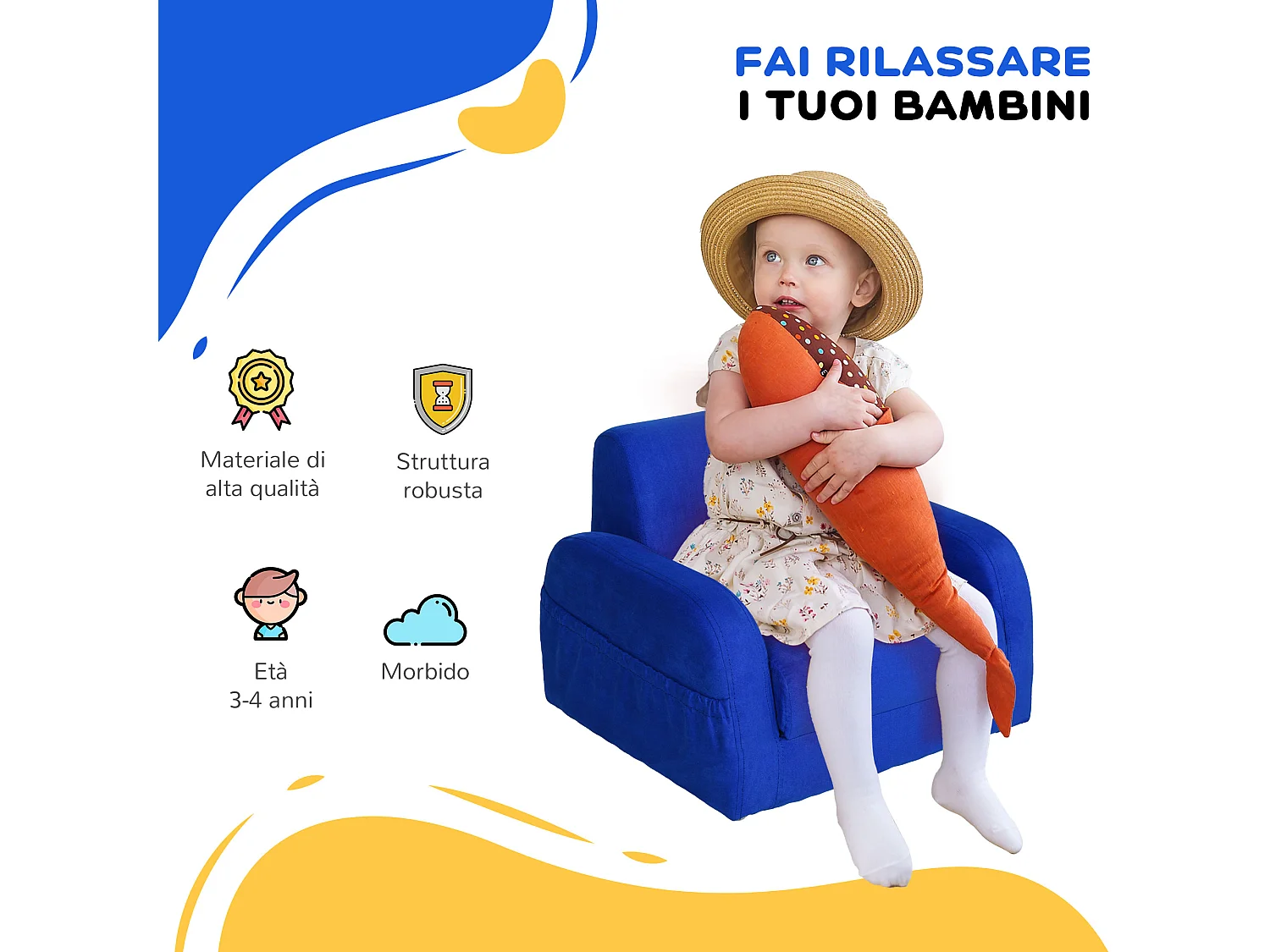 Poltroncina letto 2 in 1 per cameretta bambini 47x45x38cm blu