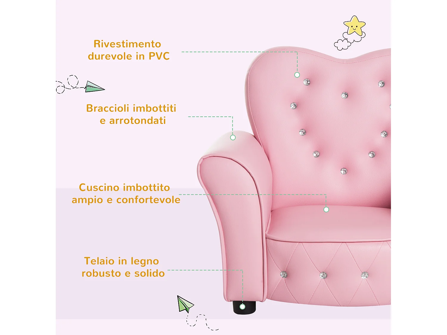 Poltroncina per bambini imbottita con rivestimento in pvc rosa