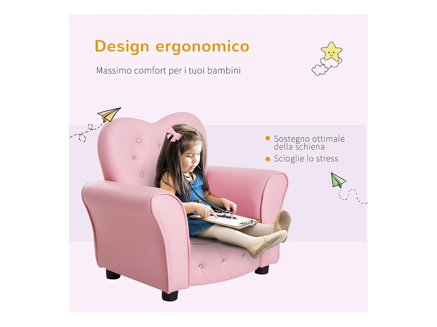 Poltroncina per bambini imbottita con rivestimento in pvc rosa