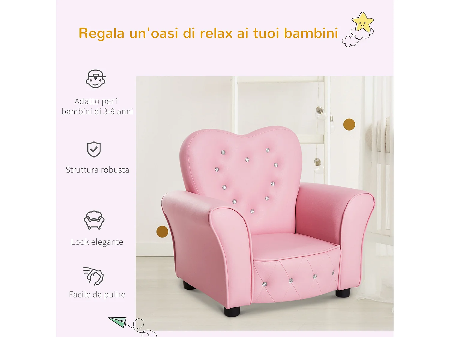 Poltroncina per bambini imbottita con rivestimento in pvc rosa