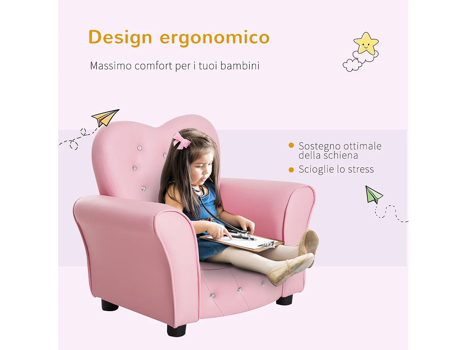 Poltroncina per bambini imbottita con rivestimento in pvc rosa