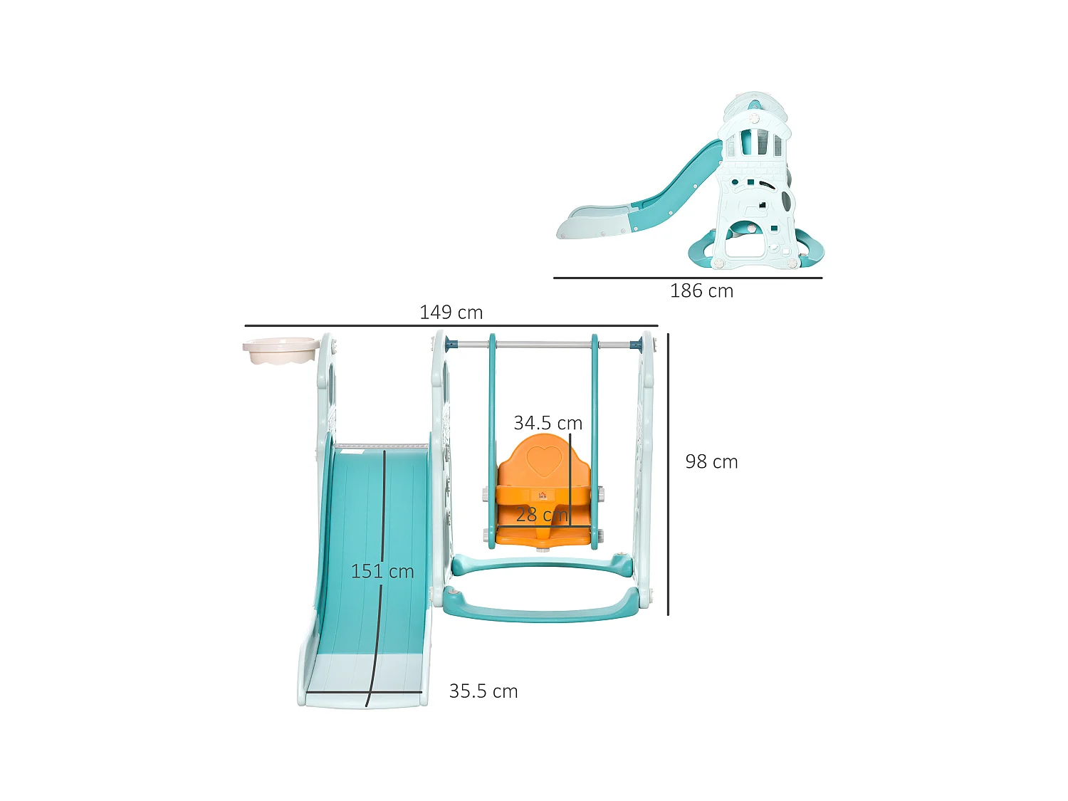 Scivolo per bambini con altalena regolabile canestro e palle