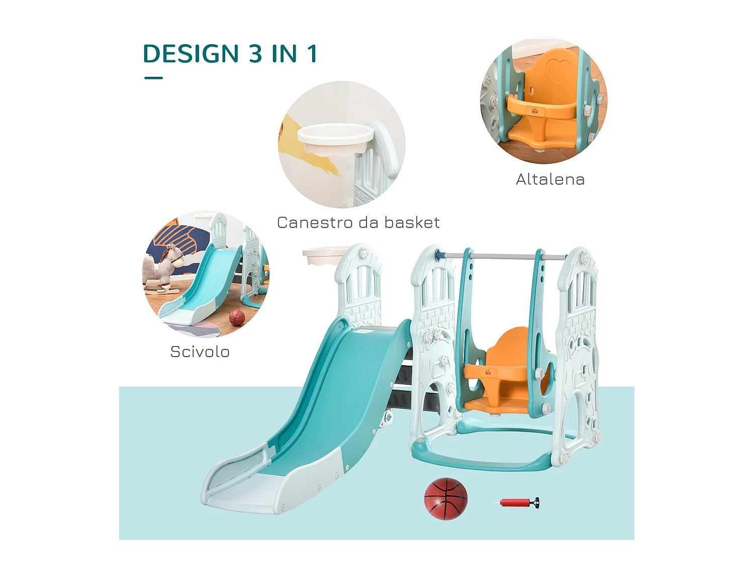 Scivolo per bambini con altalena regolabile canestro e palle