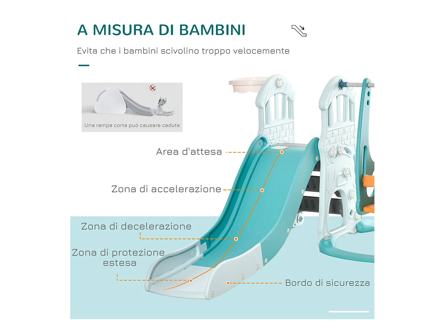 Scivolo per bambini con altalena regolabile canestro e palle