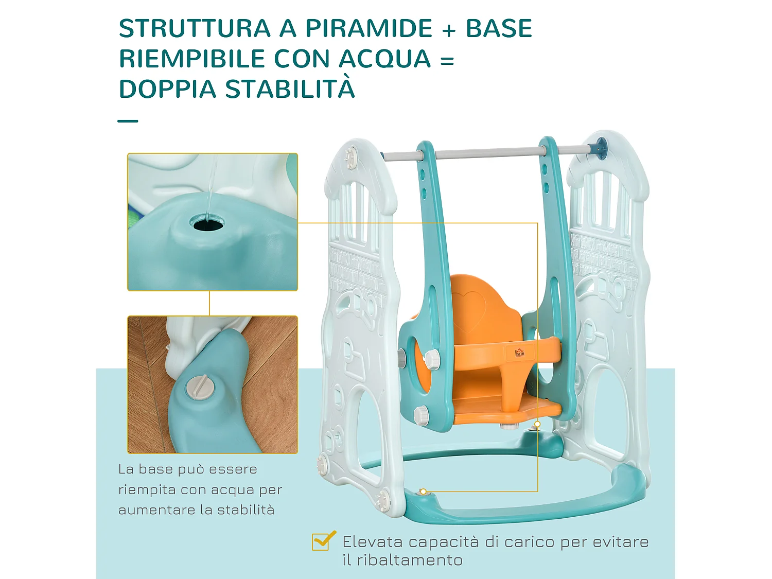 Scivolo per bambini con altalena regolabile canestro e palle