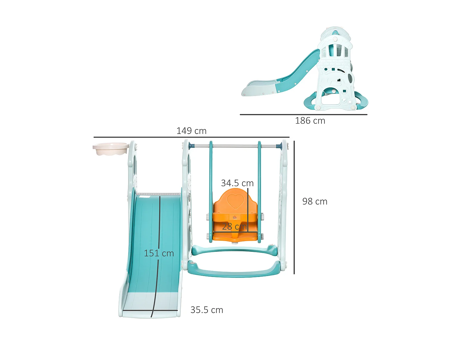 Scivolo per bambini con altalena regolabile canestro e palle
